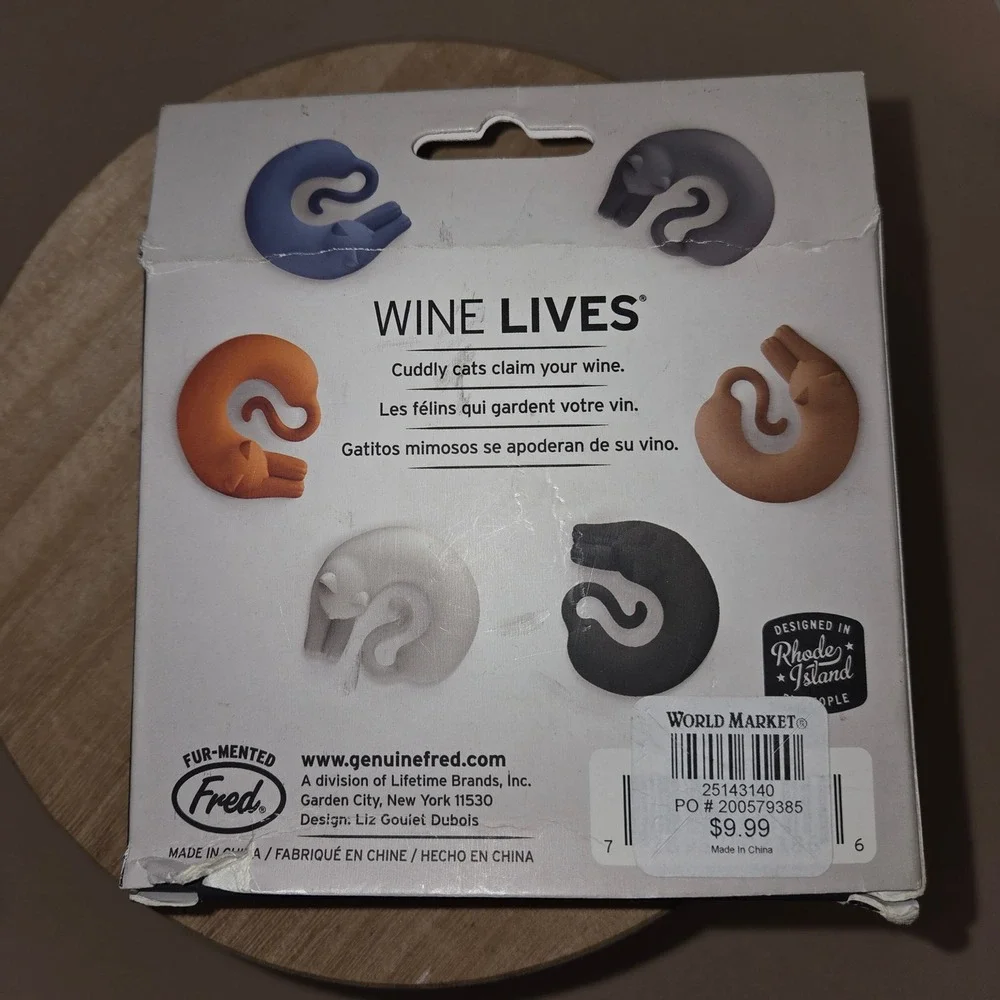 Fred & Friends Wine Lives Cat Wine Glass Markers Set of 6 Silicone Charms Multi
